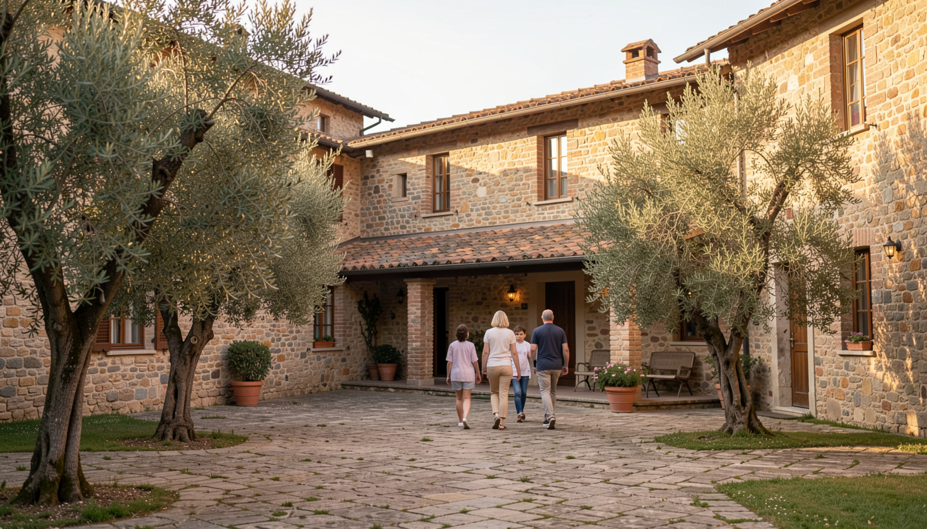 Cortile in pietra di un casale umbro al tramonto con ulivi e portico in legno sotto il Subasio.