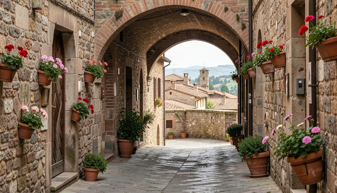 Vicolo medievale in pietra a Spello con vasi di fiori, archi e tetti umbri sullo sfondo.