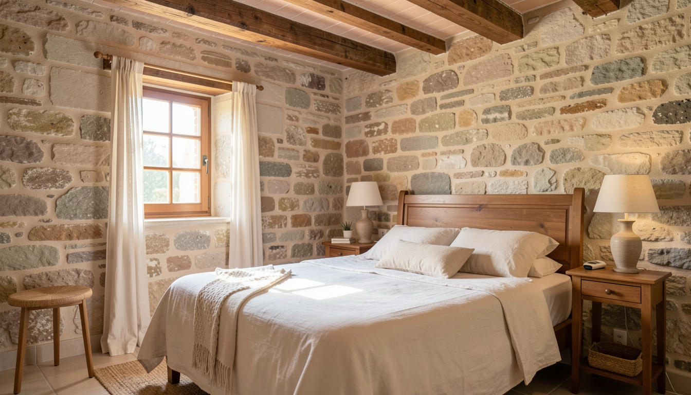 Camera rustica con muri in pietra, travi in legno a vista e biancheria di lino alla luce del mattino.