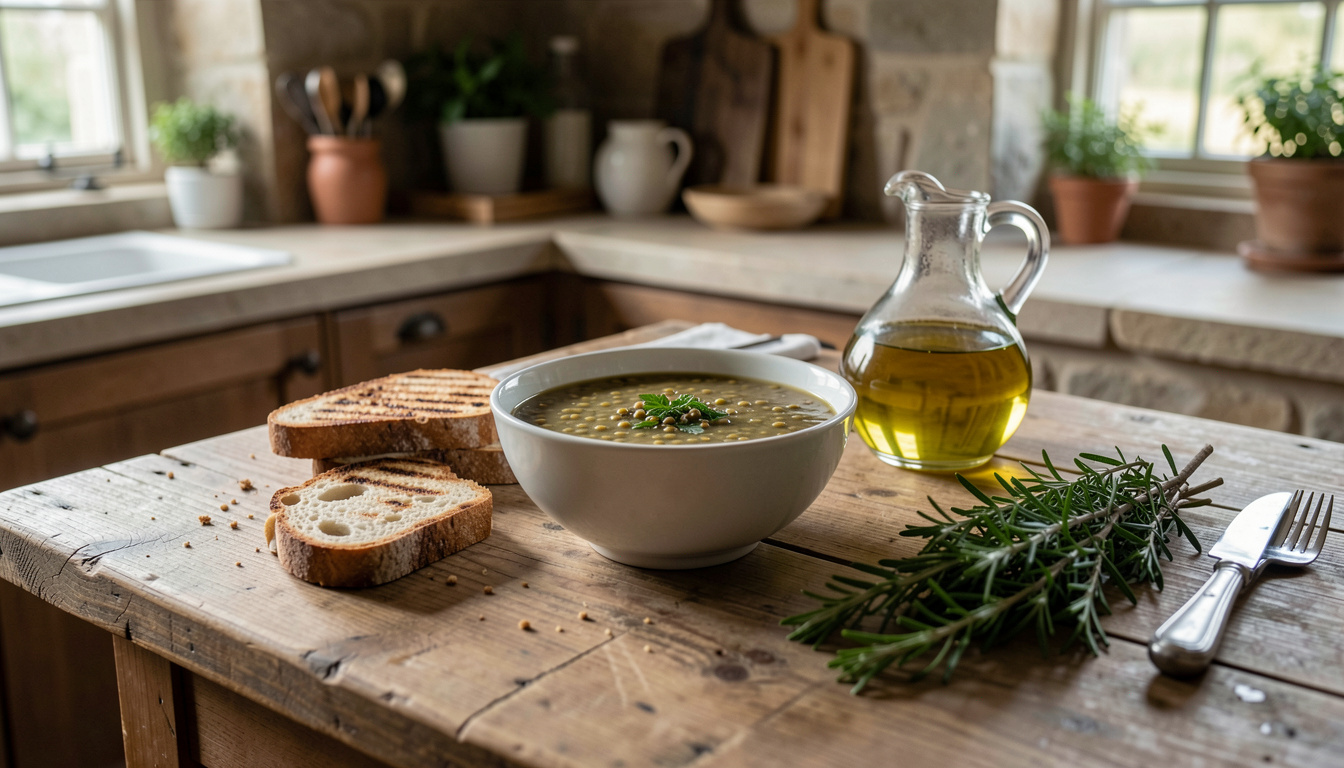 Tavola rustica in legno con zuppa di lenticchie, pane tostato, brocca di olio ed erbe fresche.