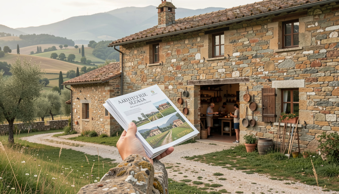 Dettaglio di muro in pietra calcarea con persiane in legno e vaso di gerani a un casale umbro.