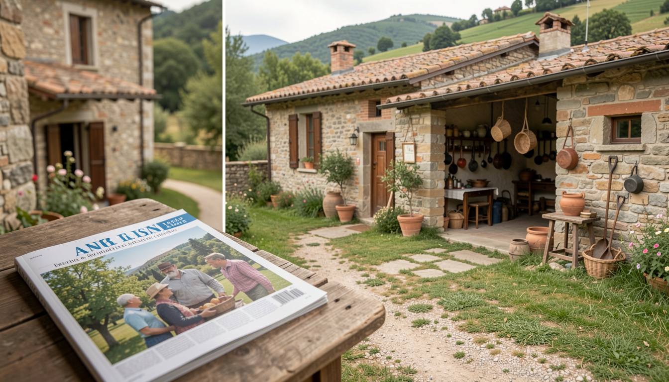 Interno di cucina rurale con camino in pietra, pentole in rame e tavolo in legno massiccio.