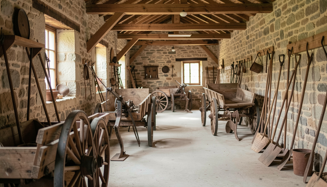Sala di museo rurale con aratri antichi, carri in legno e attrezzi contadini lungo muri in pietra.