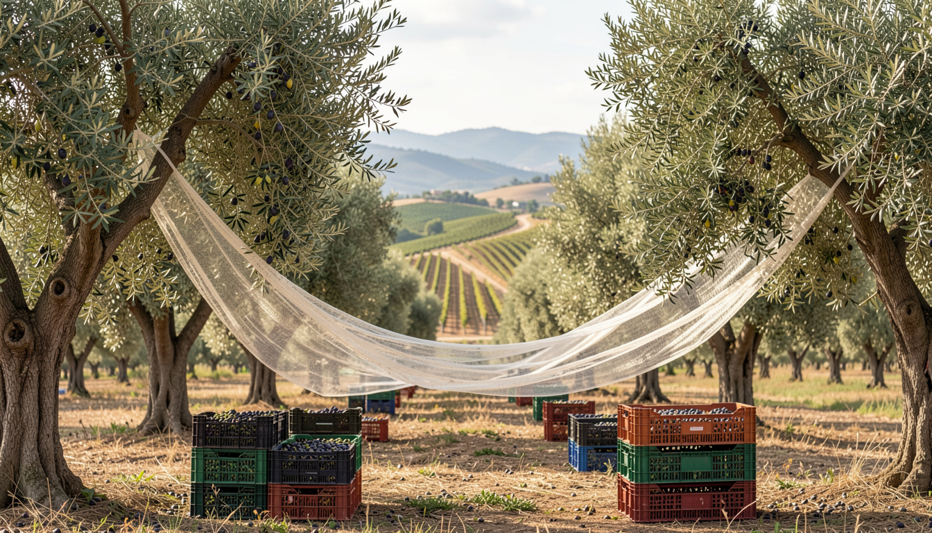 Raccolta delle olive con reti sotto gli alberi, cassette piene e colline di vigne sullo sfondo.