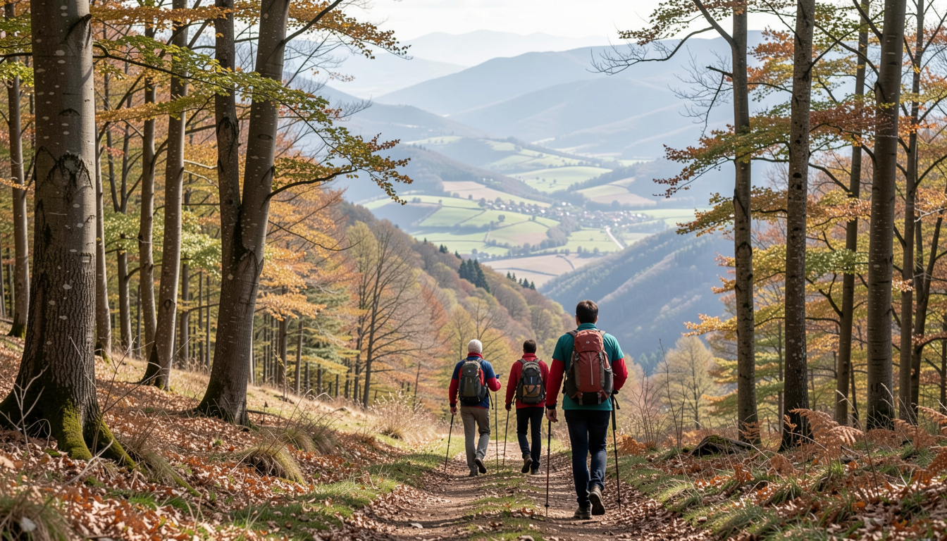 Escursionisti su sentiero tra faggete del Monte Subasio con vista panoramica sulla valle umbra.