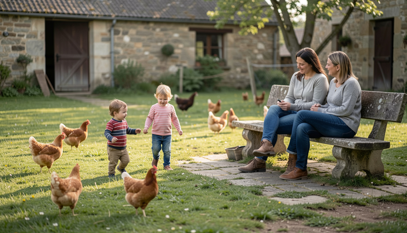 Bambini che giocano in un cortile erboso con galline vicine mentre i genitori riposano in panchina.